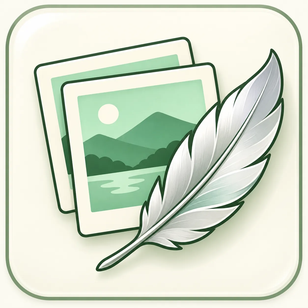 写真の重なりと銀色の羽根を描いた、Featherのアイコン