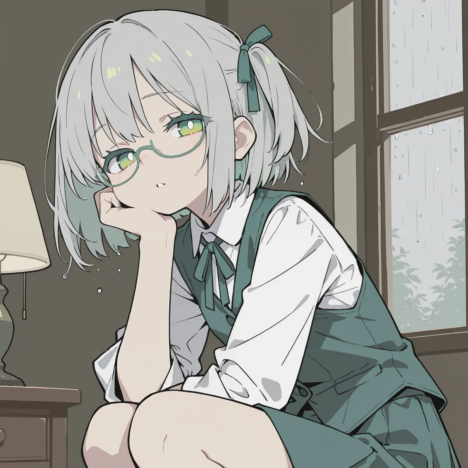 銀髪に緑のリボンと眼鏡の鈴菜が、雨の窓辺で頬杖をついてこちらを見つめる